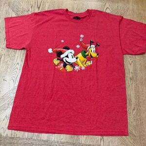 Disney XL Red Mickey & Pluto Christmas Graphic T-Shirt Holiday Tee‎